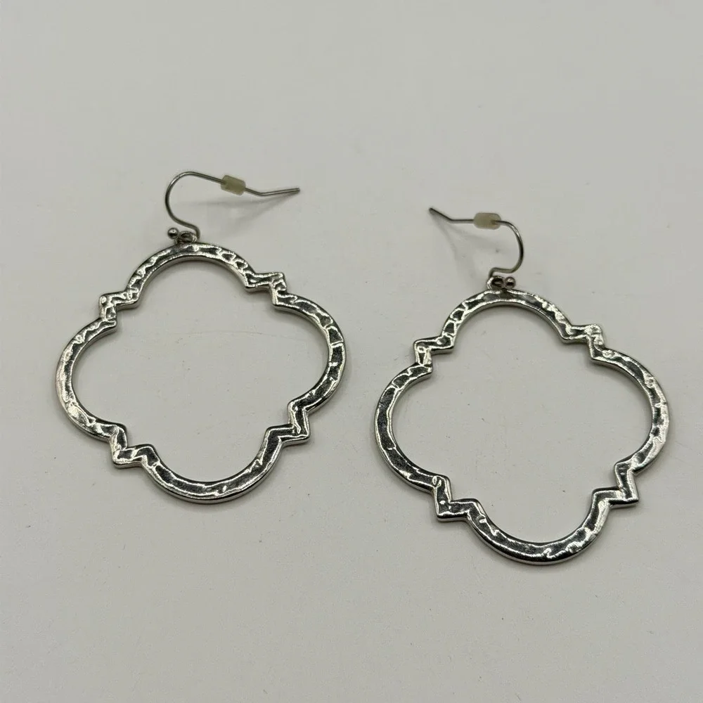 Silver Tone Hammered Quatrefoil Dangle Earrings Large Boho Statement Jewelry